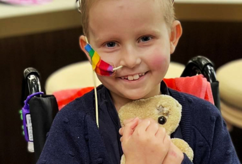 Sophia and Mima, her flat teddy bear FLATOUTbear stronger together to fight cancer.